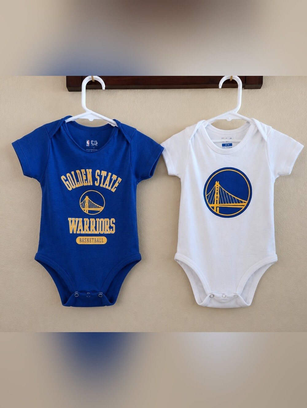Champion White Baby Onesie with Blue and Gold Warriors Logo